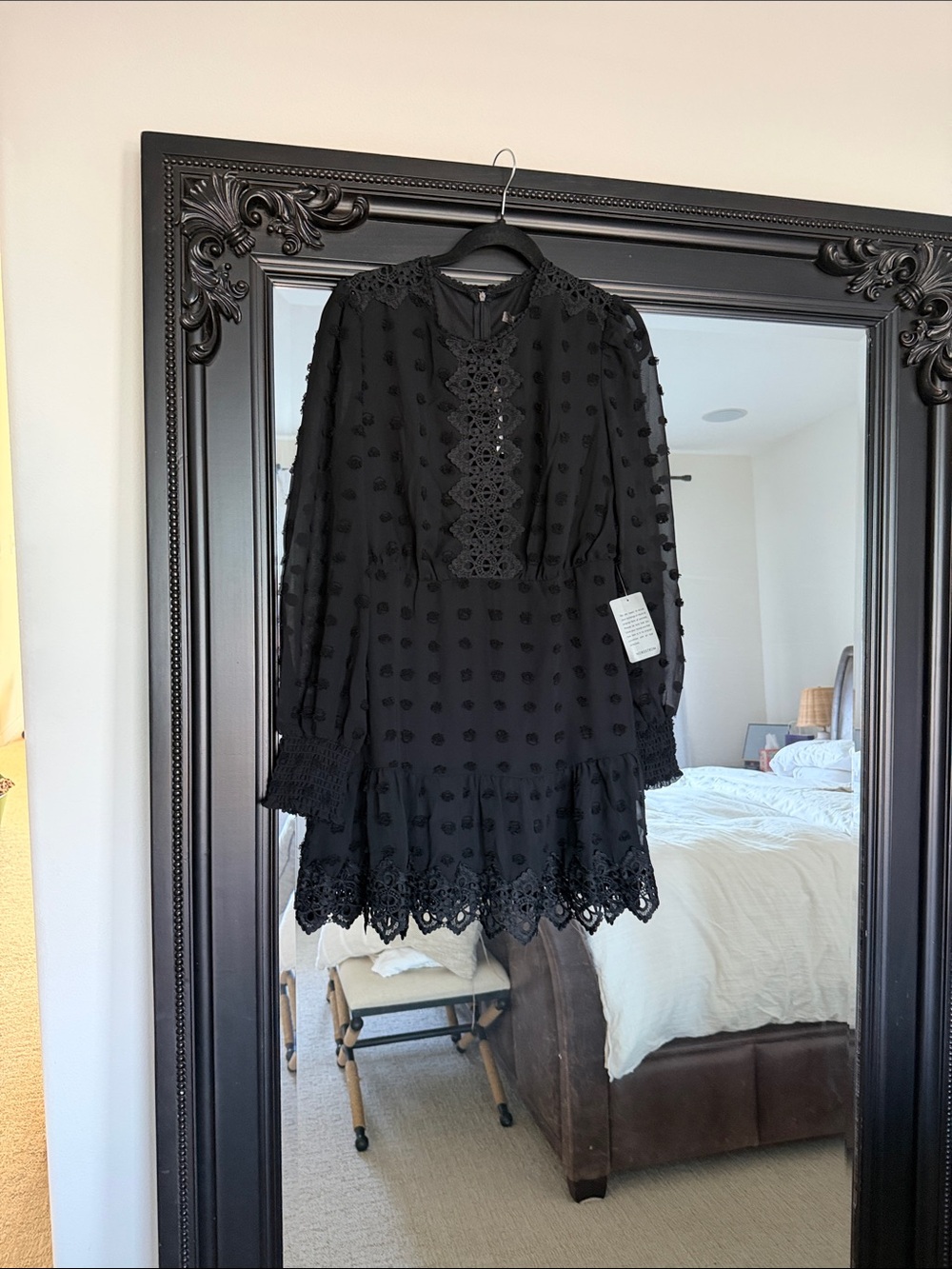 Love By Design Black Swiss Dot Lace Trim Mini Dress